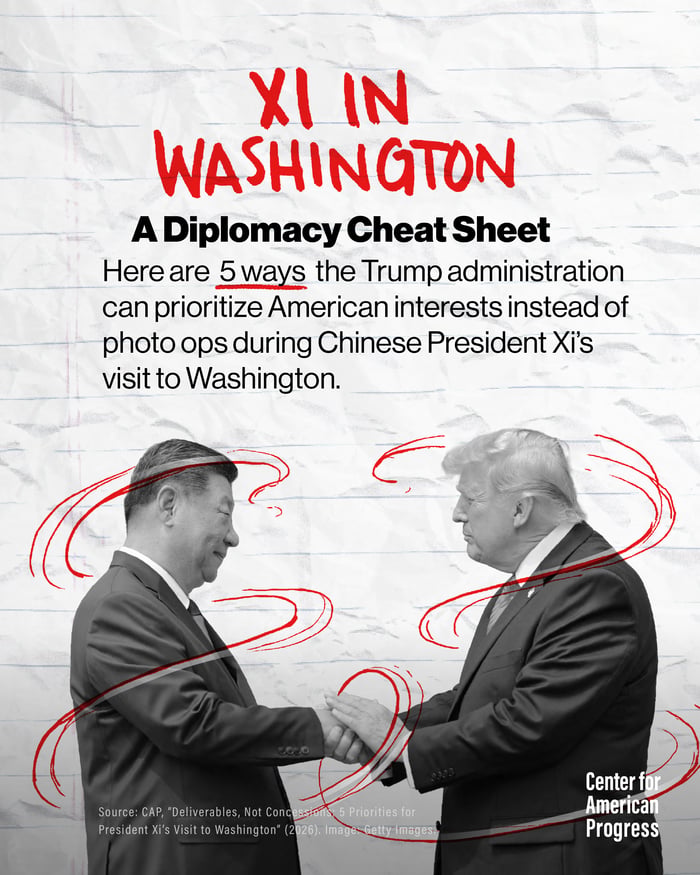 Graphic featuring Chinese President Xi Jinping and U.S. President Donald Trump shaking hands, with red hand-drawn circles and arrows around them. Text reads: “XI IN WASHINGTON. A Diplomacy Cheat Sheet. Here are 5 ways the Trump administration can prioritize American interests instead of photo ops during Chinese President Xi’s visit to Washington.” Center for American Progress logo appears in the lower right.
