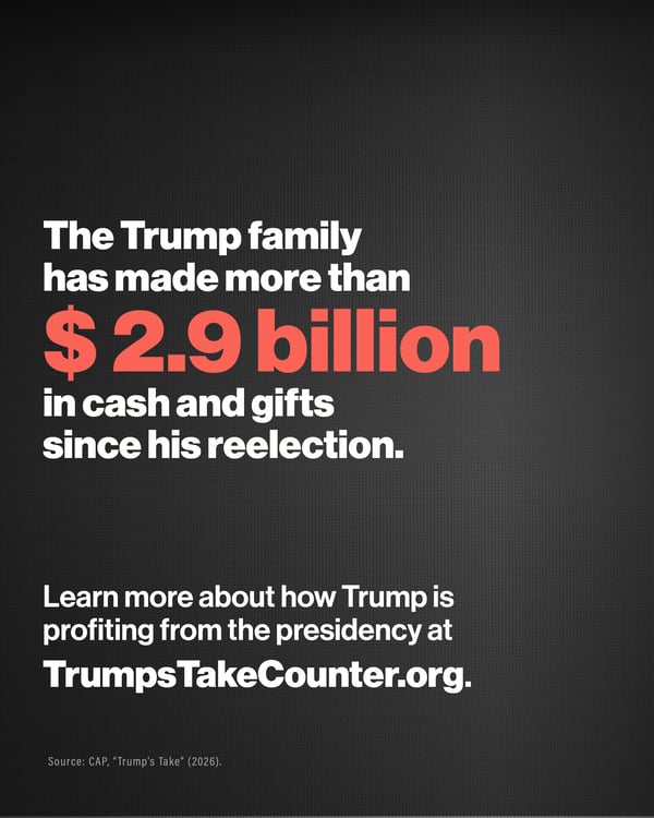 Dark graphic with large white and red text reading, “The Trump family has made more than $2.9 billion in cash and gifts since his reelection.” Additional white text reads, “Learn more about how Trump is profiting from the presidency at TrumpsTakeCounter.org.” The source is cited as Center for American Progress, “Trump’s Take” (2026).