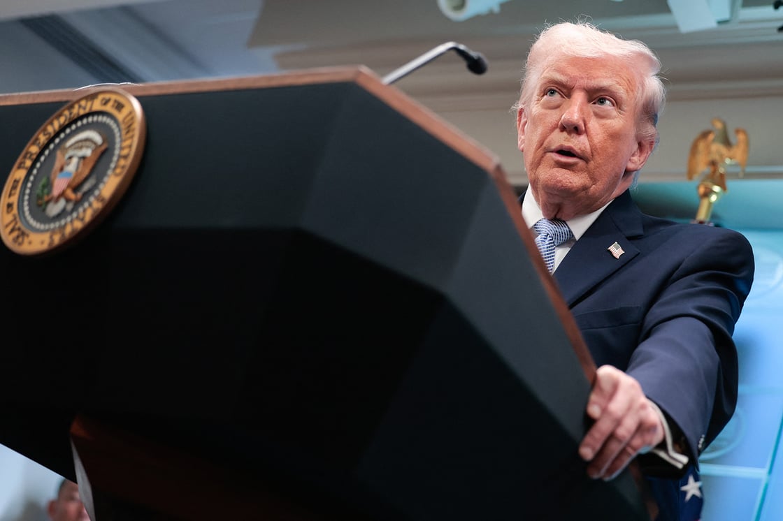 U.S. President Donald Trump speaks about the conflict in Iran in the James S. Brady Press Briefing Room of the White House on April 6, 2026, in Washington, D.C. (Getty/Kent Nishimura)
