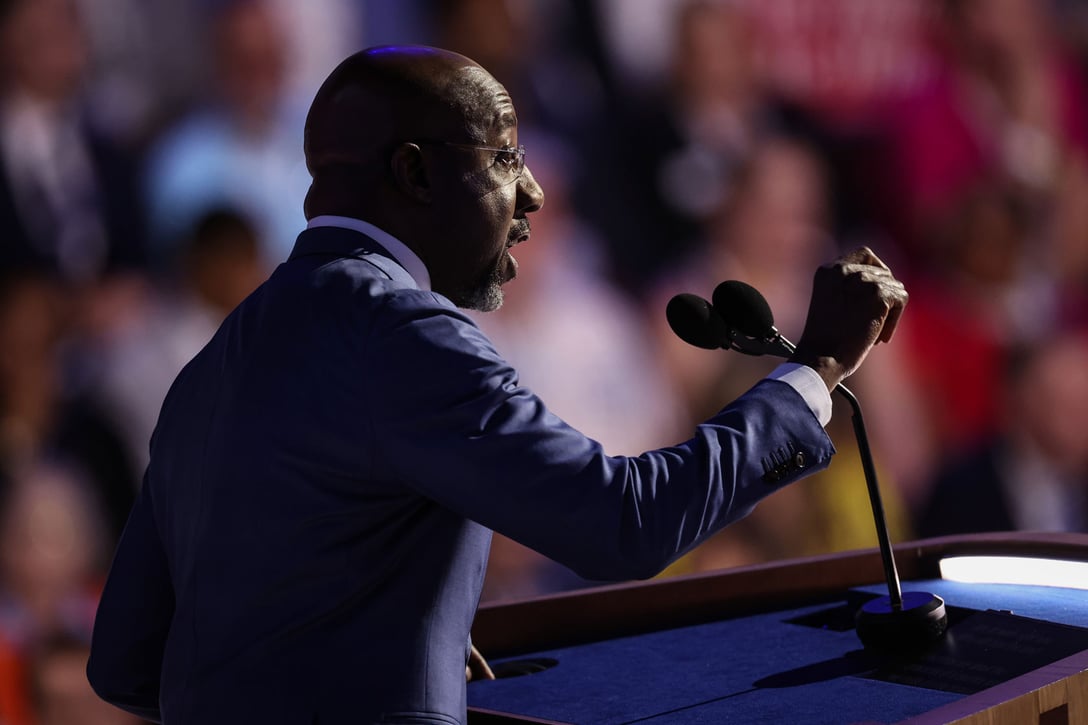 Sen. Raphael Warnock (D-GA) speaks at the Democratic National Convention in Chicago on August 19, 2024. (Getty/Win McNamee)