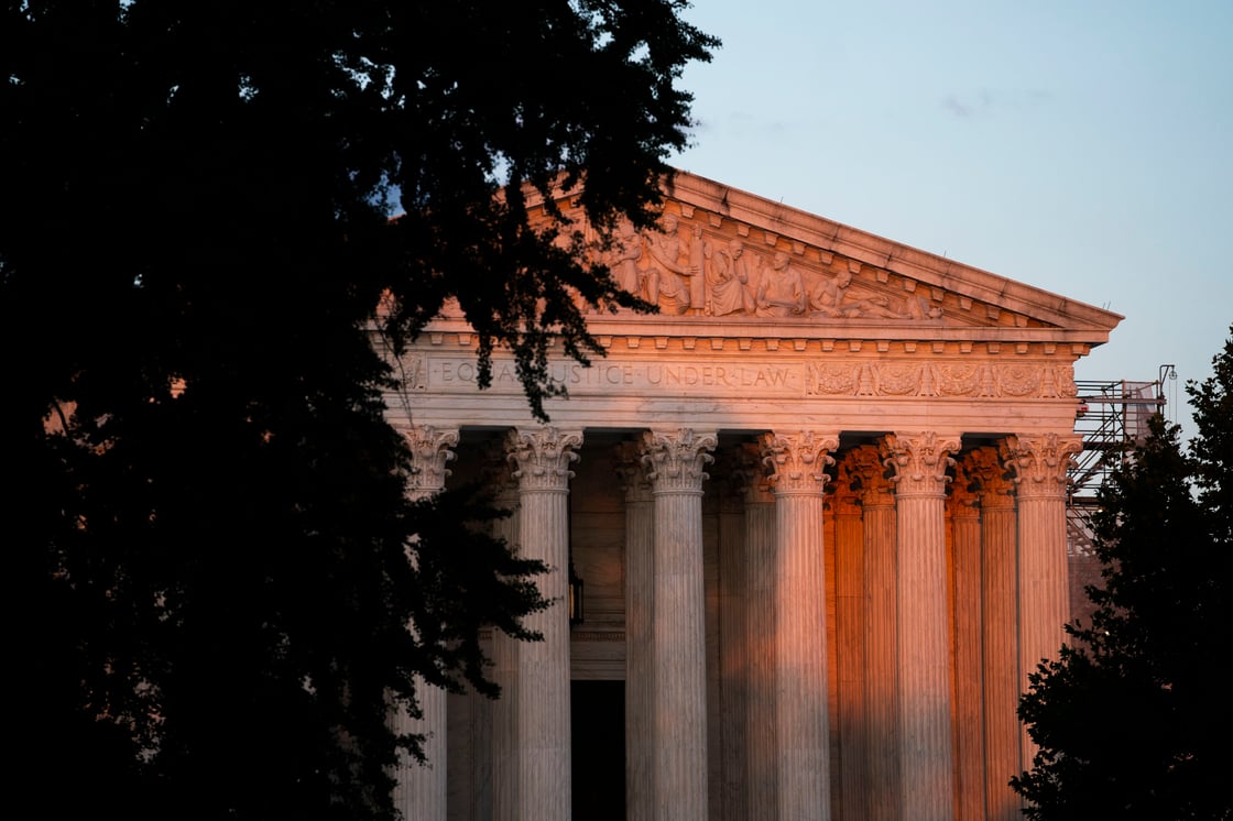 Sunset at the Supreme Court in Washington, D.C., on August 21, 2024. (Photo by Allison Robbert/The Washington Post via Getty Images)
