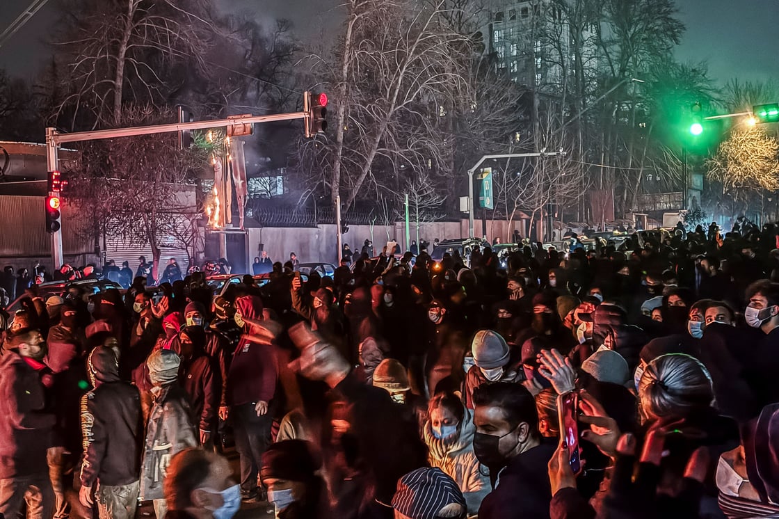 Iranians at a protest in Tehran, Iran, on January 9, 2026. (Getty/MAHSA/Middle East Images/AFP)
