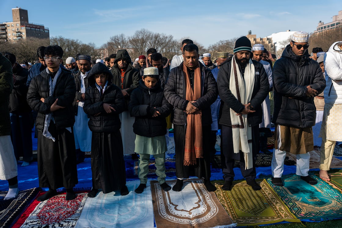 People attend Eid al-Fitr prayers at Prospect Park in Brooklyn, New York, on March 20, 2026. (Getty/Spencer Platt)