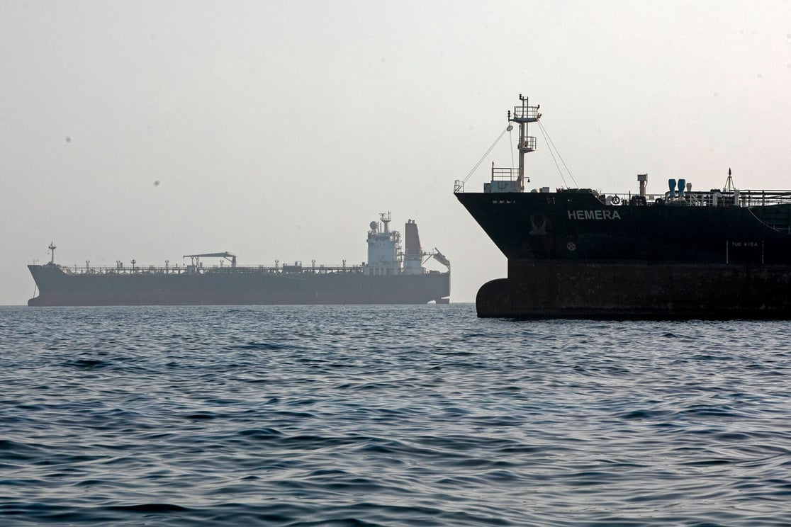 A ship remains anchored on May 16, 2026, in the Strait of Hormuz near Larak Island, Iran. (Getty/Majid Saeedi)