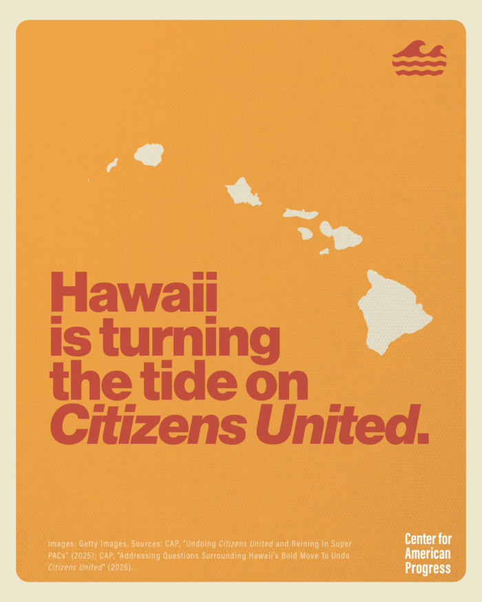 Graphic with an orange textured background featuring white silhouettes of the Hawaiian Islands across the top half. Large red text reads: “Hawaii is turning the tide on Citizens United.” A small red wave icon appears in the top right corner. In the bottom right corner is the Center for American Progress logo. Small source text at the bottom cites CAP reports on undoing Citizens United and Hawaii’s effort to rein in super PACs.