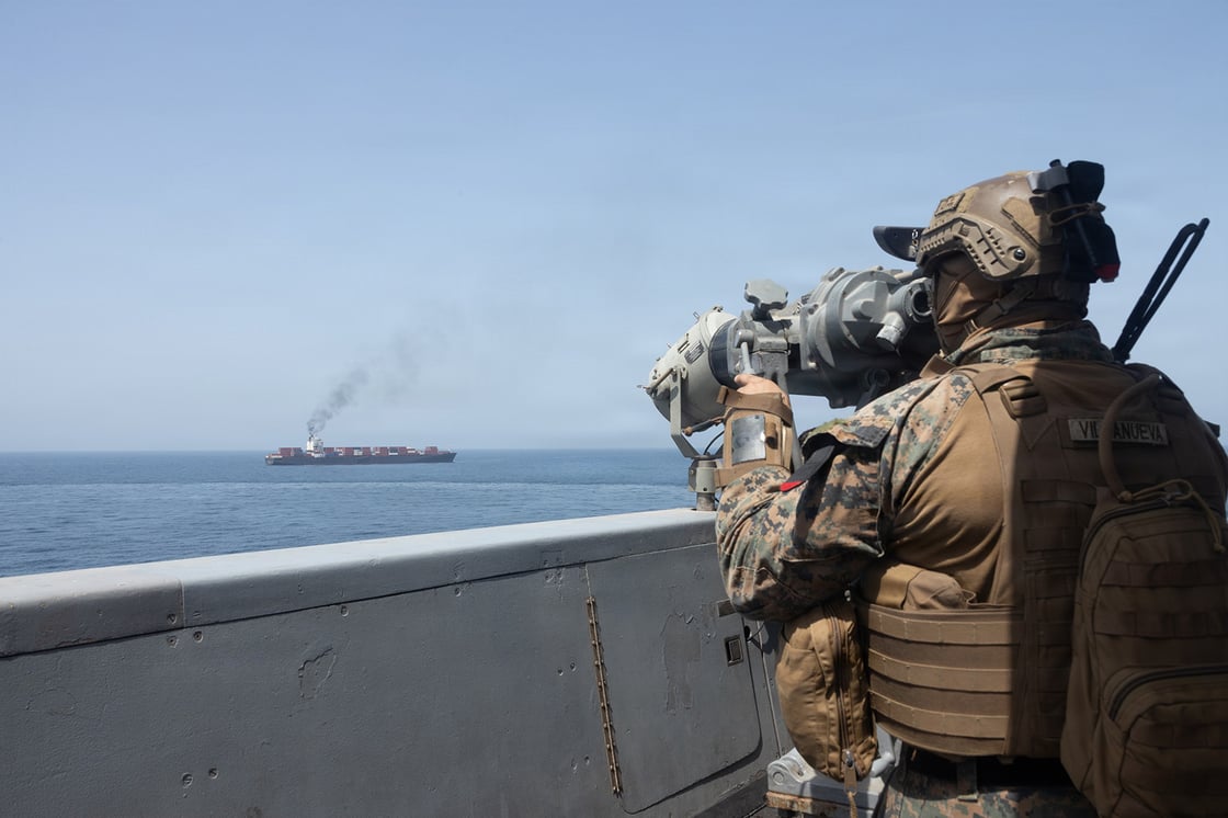 U.S. forces patrol the Arabian Sea near an Iranian-flagged vessel on April 20, 2026. (Getty/handout via U.S. Navy)