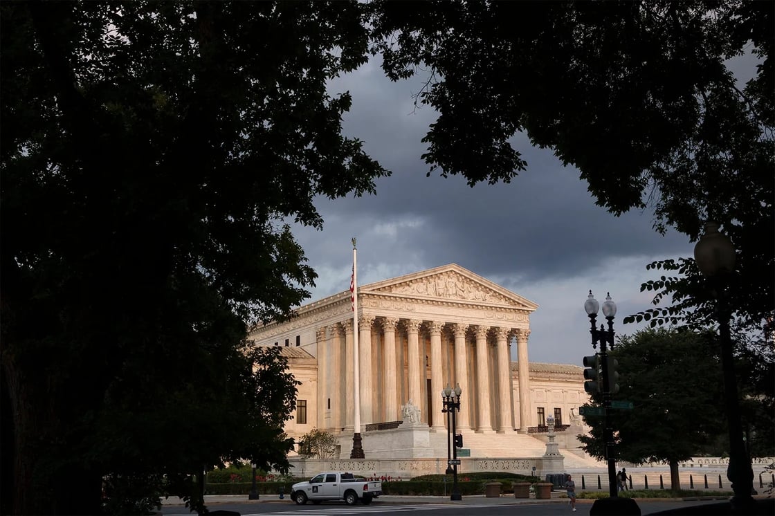 The U.S. Supreme Court at sunset on August 12, 2026, in Washington, D.C. (Getty/Kevin Carter)