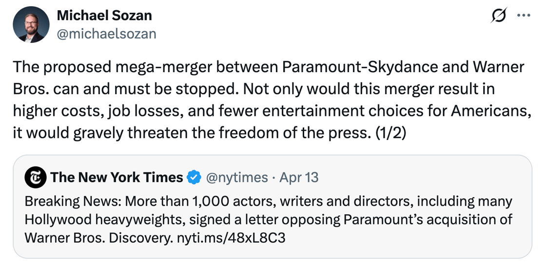 The proposed mega-merger between Paramount-Skydance and Warner Bros. can and must be stopped. Not only would this merger result in higher costs, job losses, and fewer entertainment choices for Americans, it would gravely threaten the freedom of the press. (1/2)