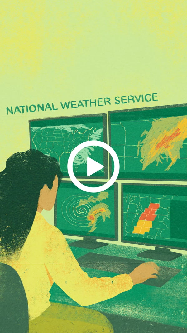 Video thumbnail featuring an illustration of someone at the National Weather Service monitoring weather radars.