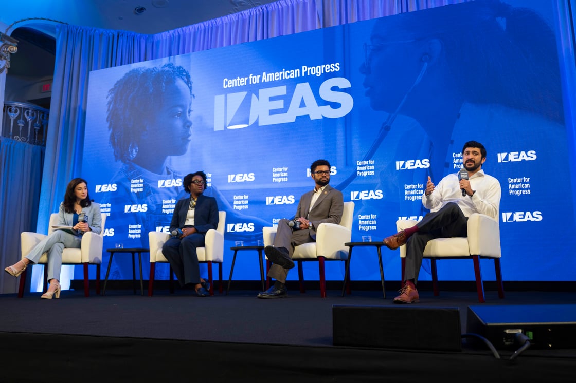 Catherine Rampell, Rep. Lauren Underwood (D-IL), Rep. Maxwell Frost (D-FL), and Rep. Greg Casar (D-TX) seated on CAP stage