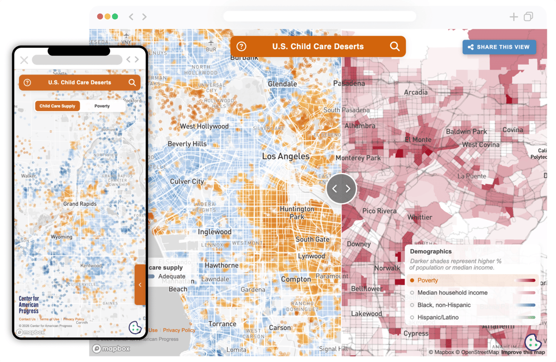 Illustration of the Center for American Progress’ “U.S. Child Care Deserts” interactive map shown on desktop and mobile screens. The map displays neighborhoods in Los Angeles and Grand Rapids with blue and orange dots representing child care supply levels, alongside a comparison panel shaded in red to show poverty and demographic data by census tract.