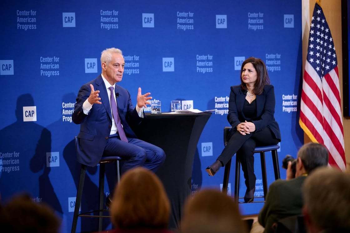 Ambassador Rahm Emanuel and CAP President and CEO Neera Tanden in conversation at a CAP event.