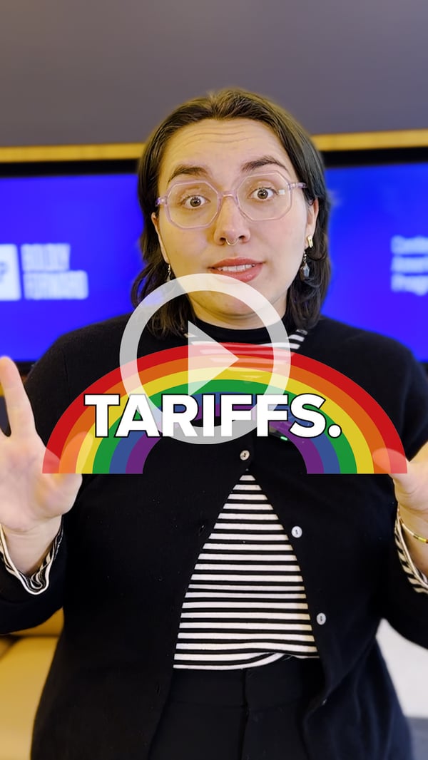 Video thumbnail of Kennedy Andara picturing a rainbow graphic and the word tariffs. 
