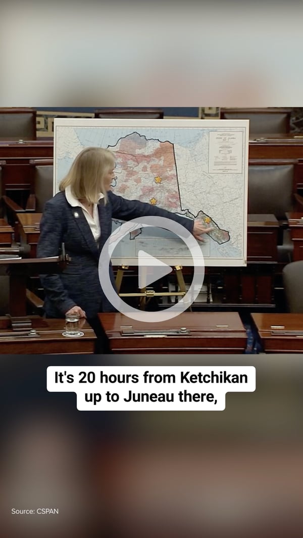 Thumbnail of a video clip of Sen. Lisa Murkowski (R-AK) explains how the SAVE Act is bad for rural Americans. Caption reads, "It's 20 hours from Ketchikan up to Juneau there"