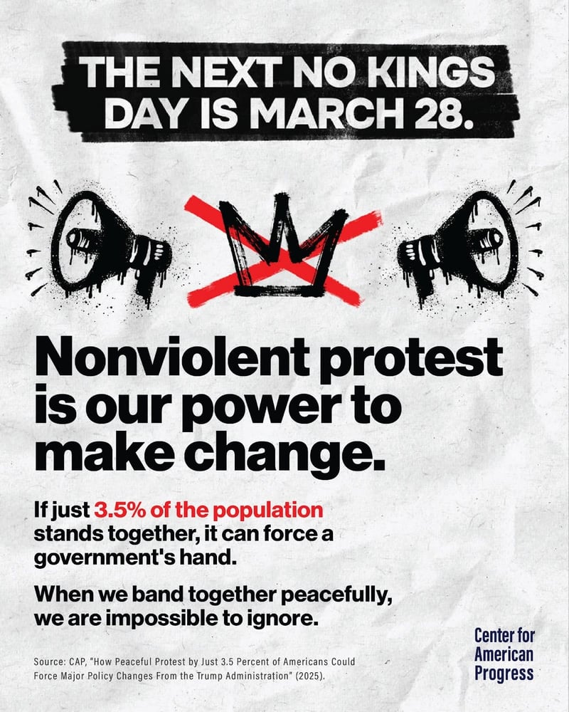 An informational graphic with a textured, crumpled paper background promoting a "No Kings Day" protest.