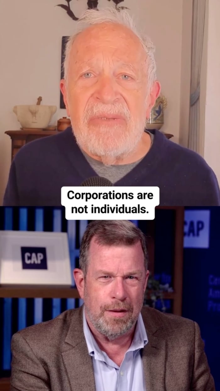 Thumbnail of Robert Reich and Tom Moore's video conversation with the caption, "Corporations are not individuals."