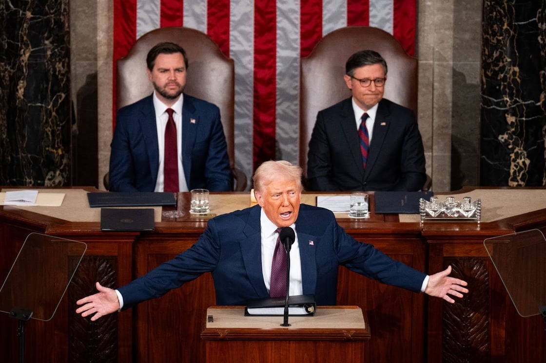 President Donald Trump delivers his address to a joint session of Congress in the U.S. Capitol on Wednesday, March 4, 2025. Vice President JD Vance, left, and Speaker of the House Mike Johnson, R-La., listen behind. (Bill Clark/CQ-Roll Call, Inc via Getty Images)